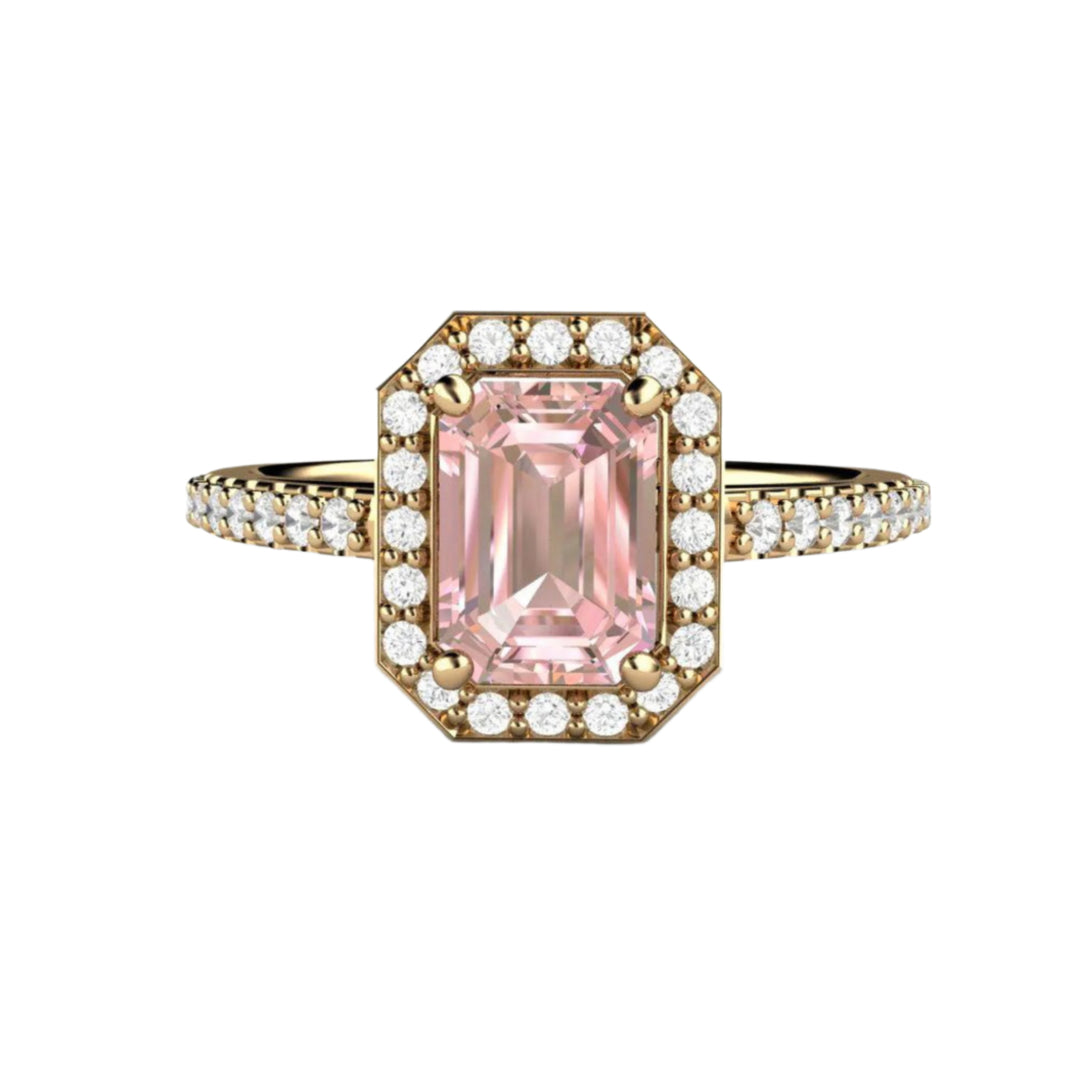 Emerald Cut Pink Moissanite Engagement Ring Pave Diamond Halo, Rare Earth Jewelry