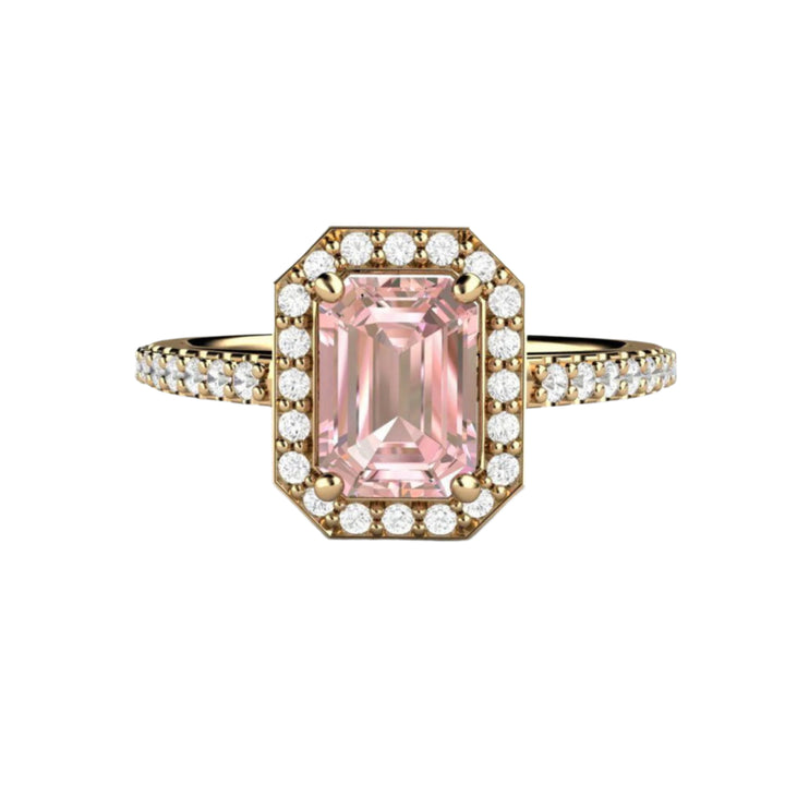 Emerald Cut Pink Moissanite Engagement Ring Pave Diamond Halo, Rare Earth Jewelry