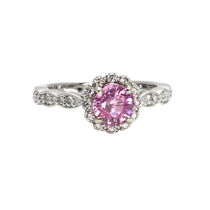 Pink Sapphire Engagement Ring Vintage Style Diamond Halo Scalloped Band, Rare Earth Jewelry