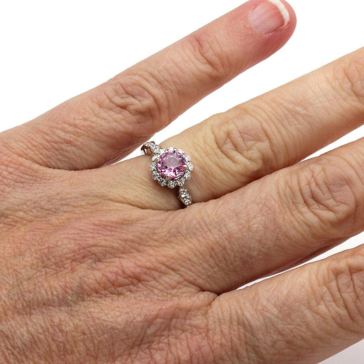 Pink Sapphire Engagement Ring Vintage Style Diamond Halo on the Hand | Rare Earth Jewelry