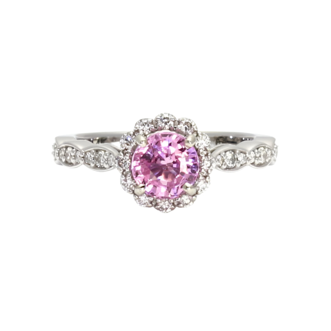 Pink Sapphire Engagement Ring Vintage Style Diamond Halo Scalloped Band | Rare Earth Jewelry