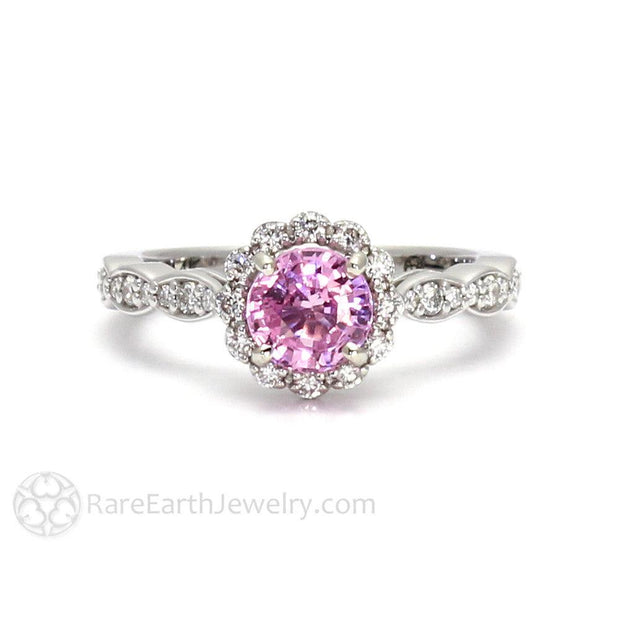 Pink Sapphire Engagement Ring Vintage Style Diamond Halo Scalloped Band 18K White Gold - Rare Earth Jewelry
