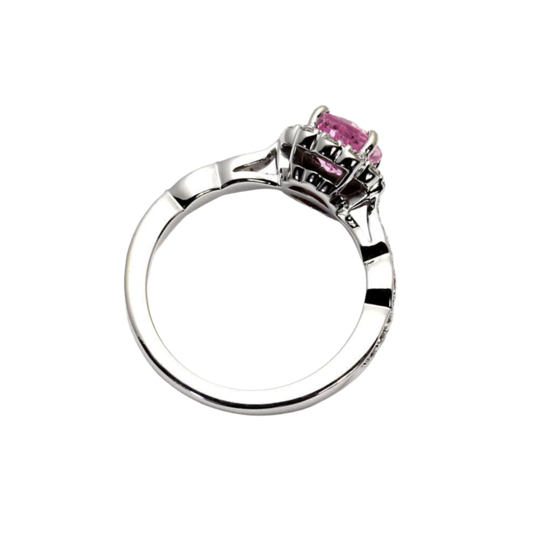 Side View of Pink Sapphire Engagement Ring Vintage Style Diamond Halo Scalloped Band | Rare Earth Jewelry