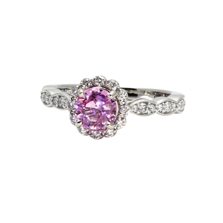 Round Pink Sapphire Engagement Ring Vintage Inspired Style Diamond Halo Scalloped Band | Rare Earth Jewelry
