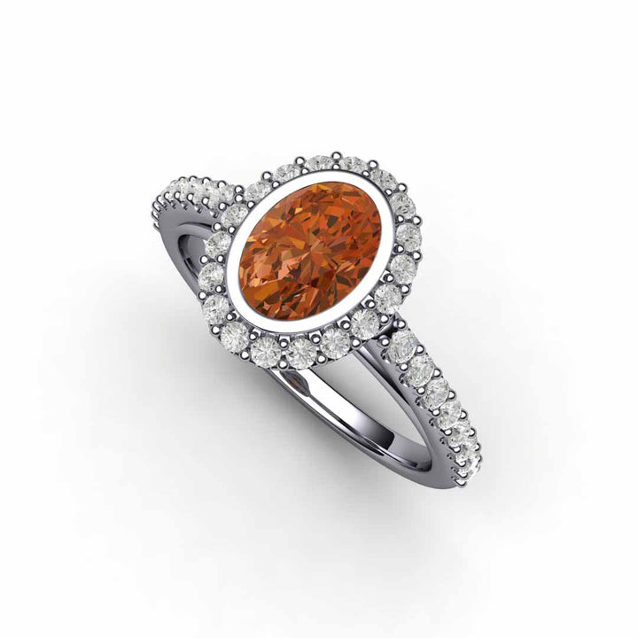 Oval Orange Sapphire Engagement Ring Bezel Set Pave Diamond Halo, Rare Earth Jewelry