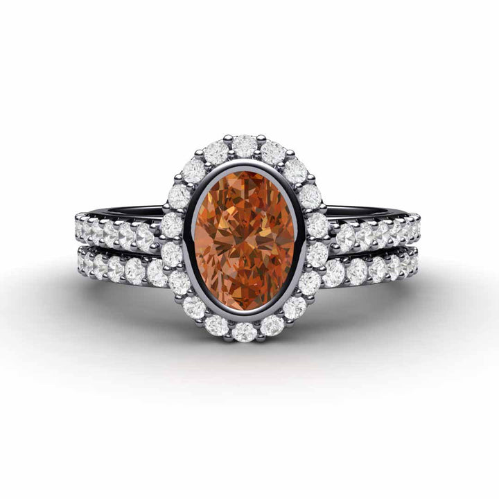 Oval Orange Sapphire Engagement Ring Bezel Set Pave Diamond Halo, Rare Earth Jewelry