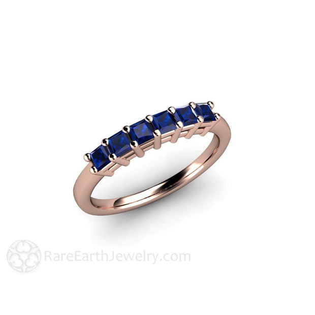 Princess Blue Sapphire Anniversary Band or Stacking Ring 14K Rose Gold - Rare Earth Jewelry