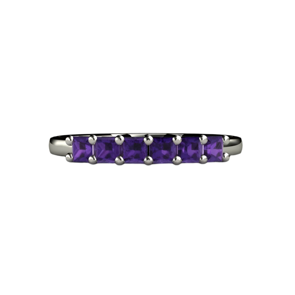 Princess Cut Amethyst Band, 6 Stone Anniversary Band, February Birthstone Stacking Ring, Gold and Platinum | Rare Earth Jewelry