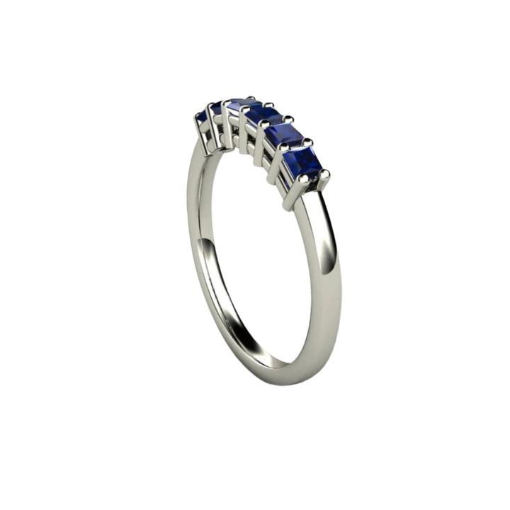 Princess Cut Blue Sapphire Band, 6 Stone Anniversary Ring, September Birthstone Stacking Ring, Gold or Platinum | Rare Earth Jewelry