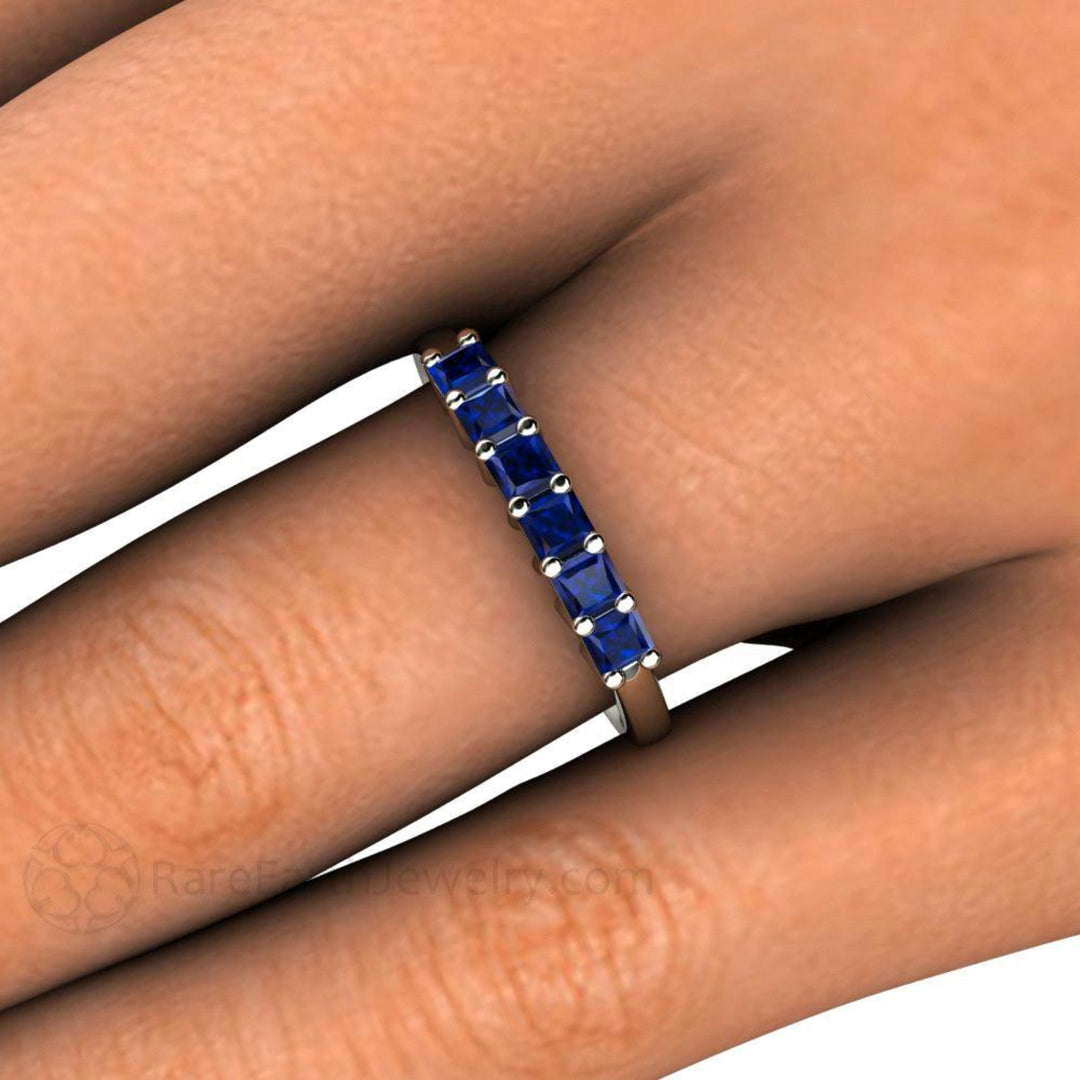 Princess Cut Blue Sapphire Band, Square Natural Sapphire Ring, September Birthstone Ring, Shown on the Hand | Rare Earth Jewelry