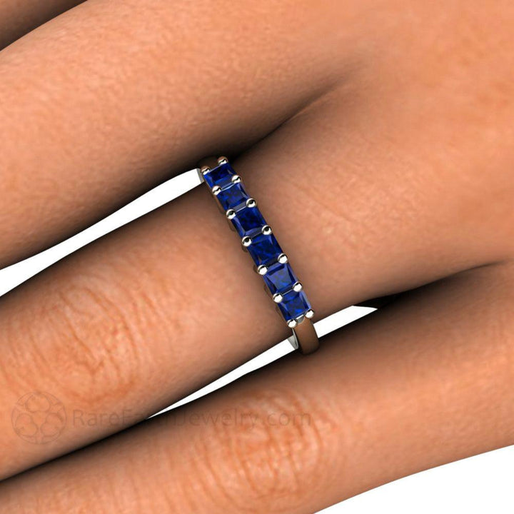 Princess Cut Blue Sapphire Band, Square Natural Sapphire Ring, September Birthstone Ring, Shown on the Hand | Rare Earth Jewelry
