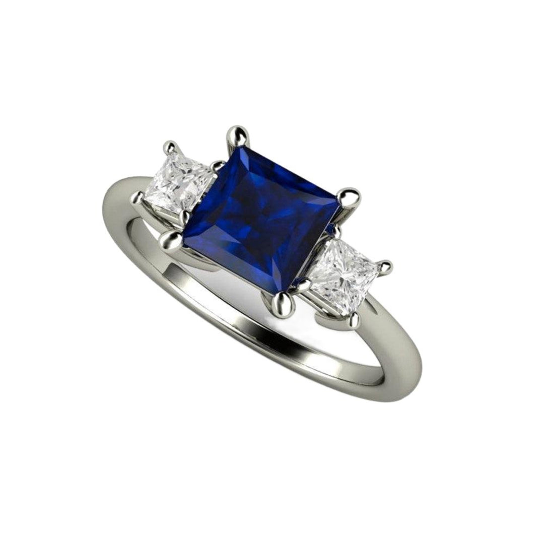 Square Blue Sapphire Engagement Ring 3 Stone with Princess cut Diamonds, Rare Earth Jewelry