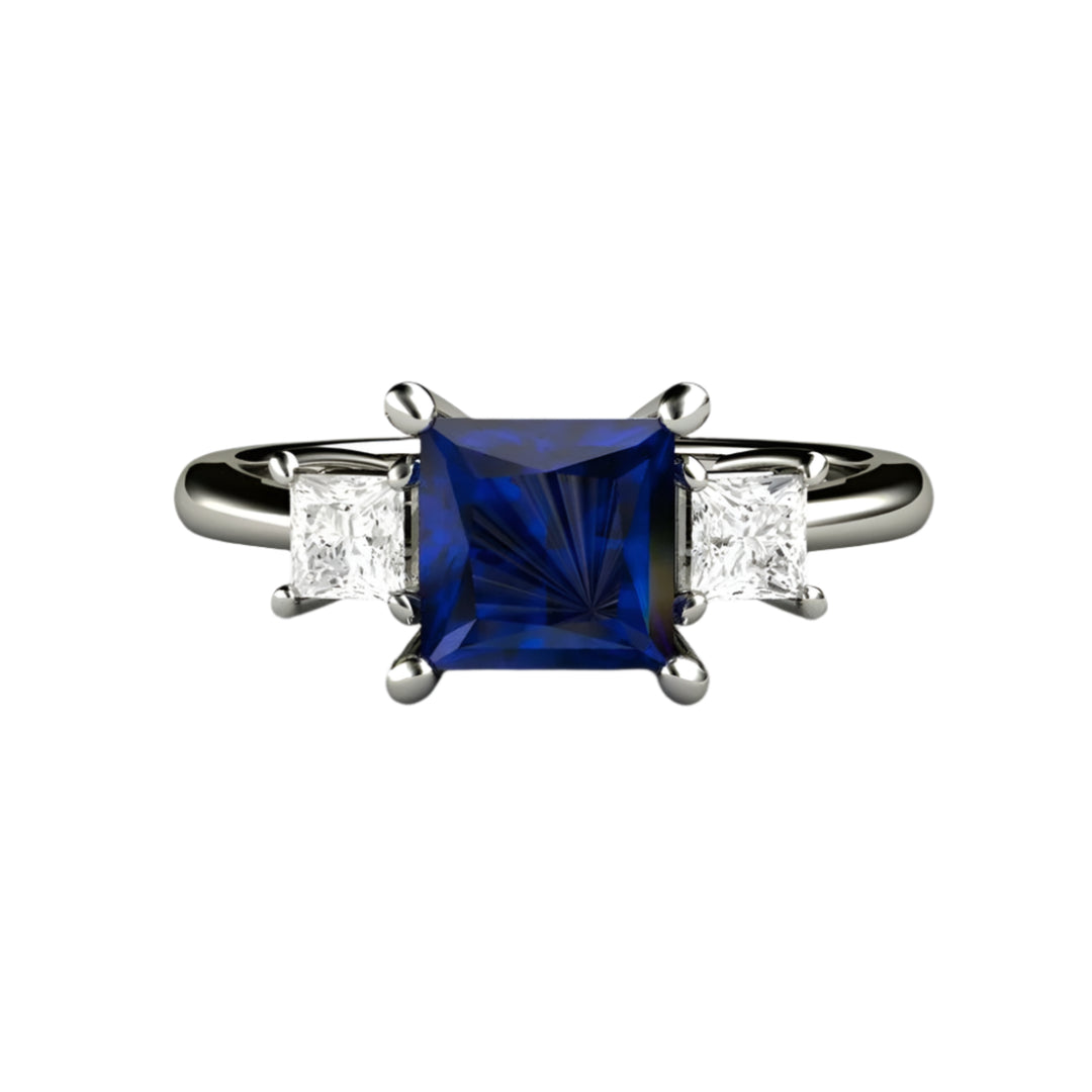 Square Blue Sapphire Engagement Ring 3 Stone with Princess cut Diamonds, Rare Earth Jewelry