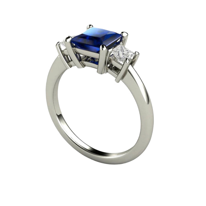 Square Blue Sapphire Engagement Ring 3 Stone with Princess cut Diamonds, Rare Earth Jewelry