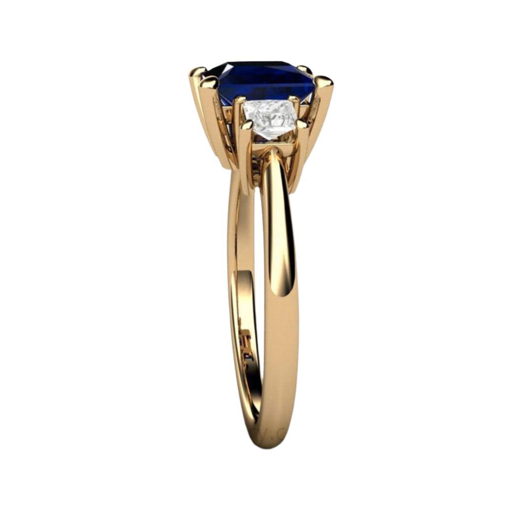 Square Blue Sapphire Engagement Ring 3 Stone with Princess cut Diamonds, Rare Earth Jewelry