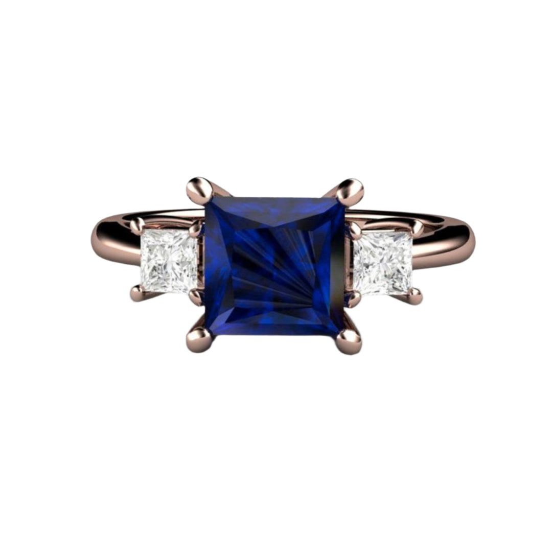 Square Blue Sapphire Engagement Ring 3 Stone with Princess cut Diamonds, Rare Earth Jewelry