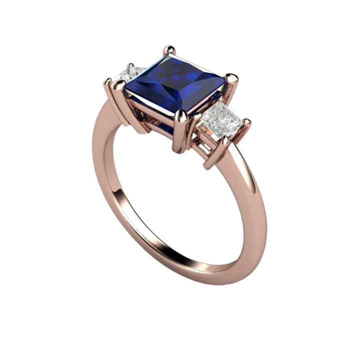 Square Blue Sapphire Engagement Ring 3 Stone with Princess cut Diamonds, Rare Earth Jewelry