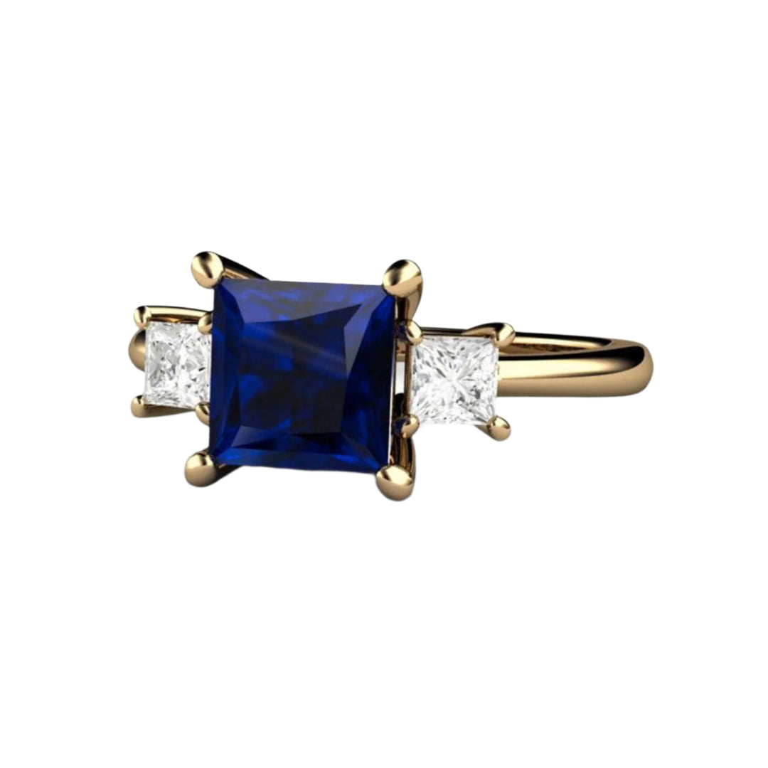 Square Blue Sapphire Engagement Ring 3 Stone with Princess cut Diamonds, Rare Earth Jewelry