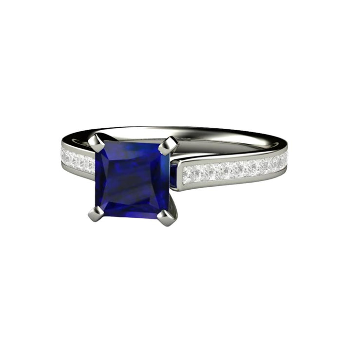 Princess Cut Blue Sapphire Engagement Ring Diamond Accented Solitaire, Rare Earth Jewelry
