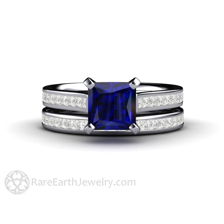 Princess Cut Blue Sapphire Engagement Ring Diamond Accented Solitaire, Rare Earth Jewelry
