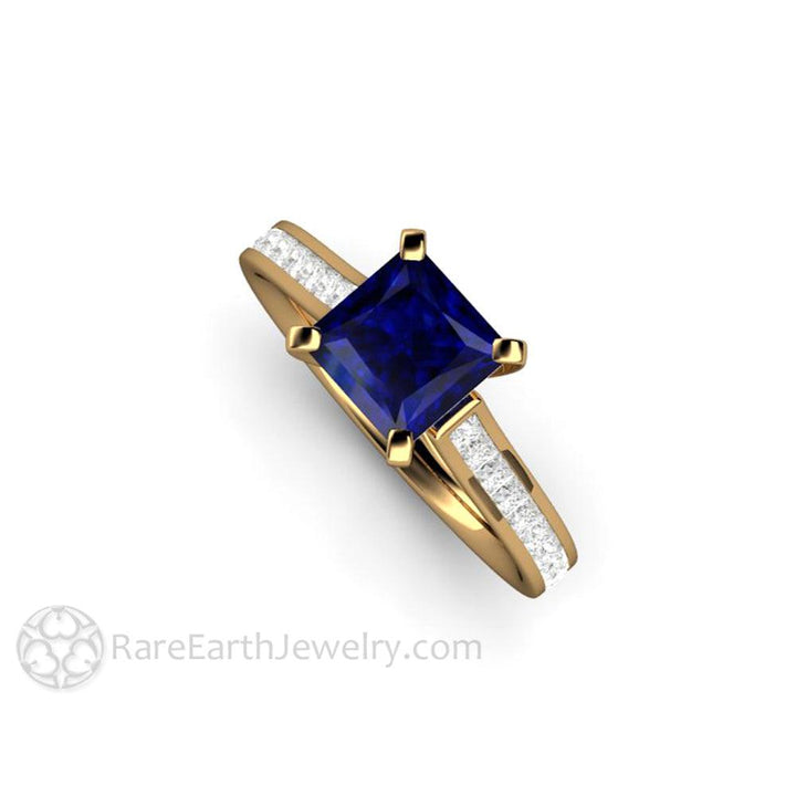Princess Cut Blue Sapphire Engagement Ring Diamond Accented Solitaire, Rare Earth Jewelry