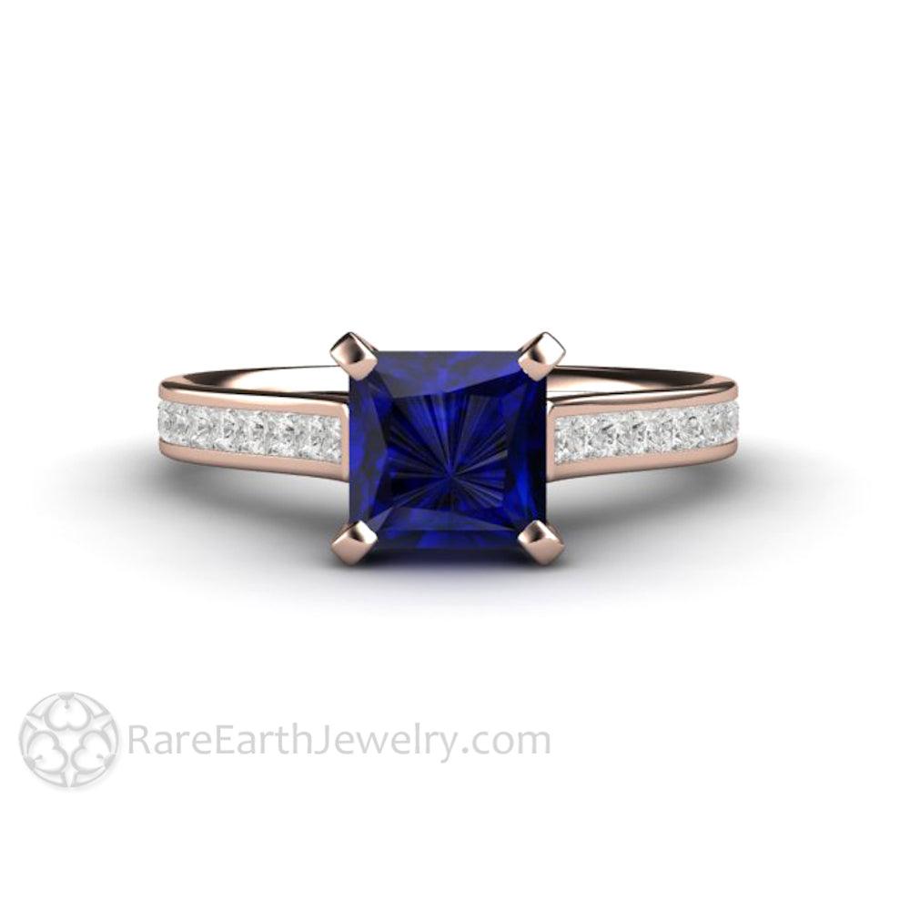 Princess Cut Blue Sapphire Engagement Ring Diamond Accented Solitaire, Rare Earth Jewelry