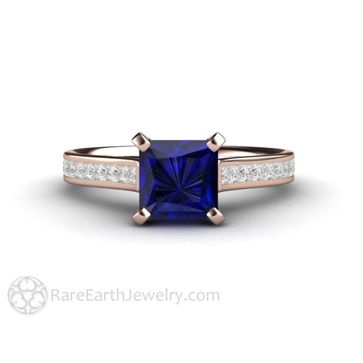 Princess Cut Blue Sapphire Engagement Ring Diamond Accented Solitaire, Rare Earth Jewelry