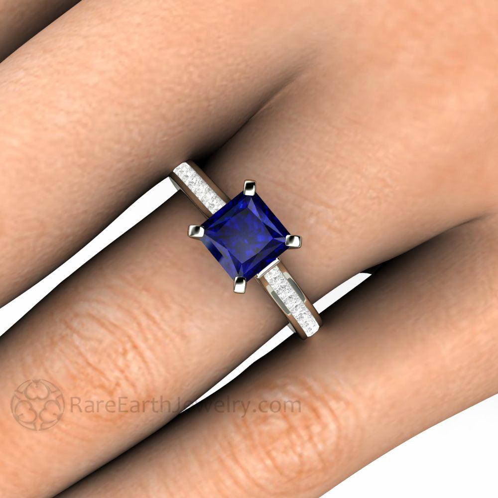 Princess Cut Blue Sapphire Engagement Ring Diamond Accented Solitaire, Rare Earth Jewelry