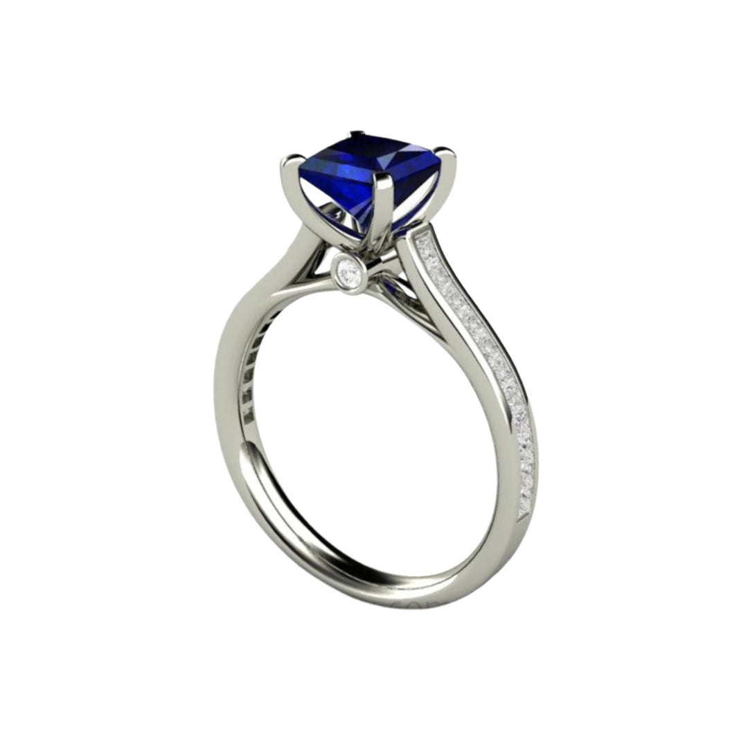 Princess Cut Blue Sapphire Engagement Ring, Modern Channel Set Solitaire Cathedral Setting | Rare Earth Jewelry