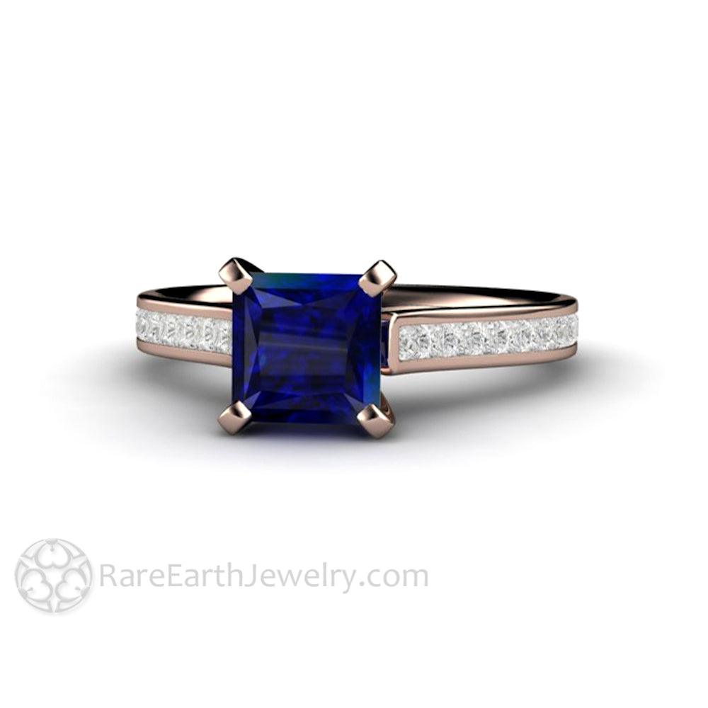 Princess Cut Blue Sapphire Engagement Ring Diamond Accented Solitaire, Rare Earth Jewelry
