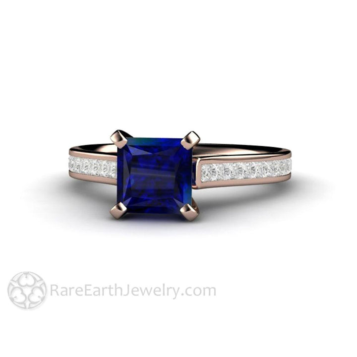Princess Cut Blue Sapphire Engagement Ring Diamond Accented Solitaire, Rare Earth Jewelry