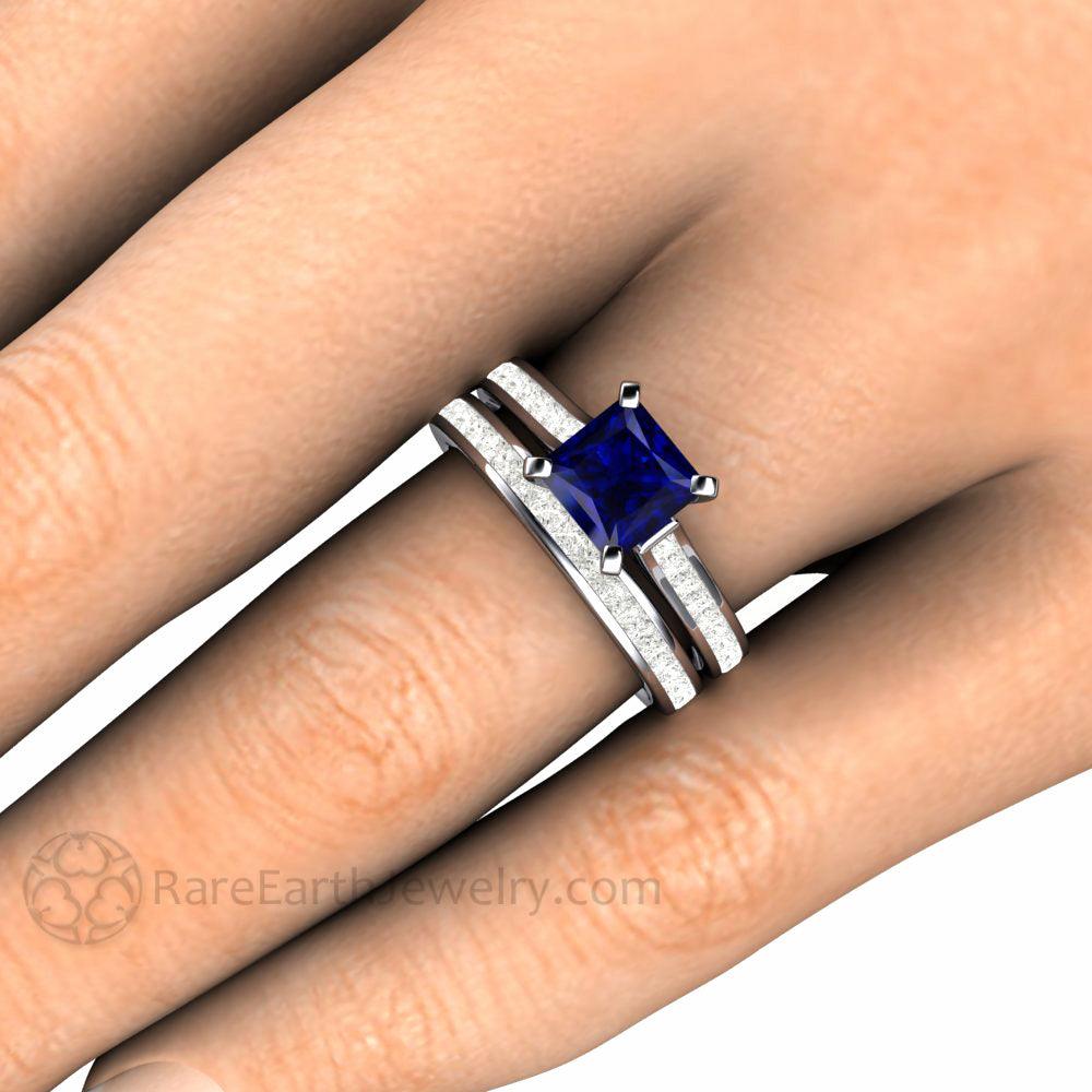 Princess Cut Blue Sapphire Engagement Ring Diamond Accented Solitaire, Rare Earth Jewelry