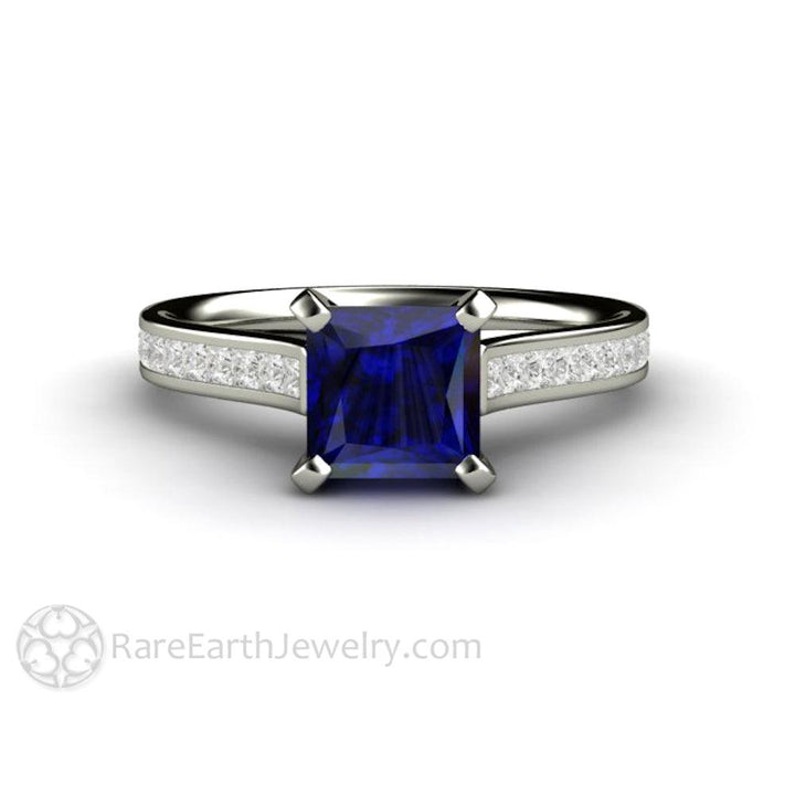 Princess Cut Blue Sapphire Engagement Ring Diamond Accented Solitaire, Rare Earth Jewelry