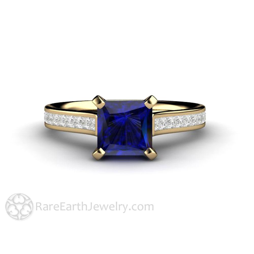 Princess Cut Blue Sapphire Engagement Ring Diamond Accented Solitaire, Rare Earth Jewelry