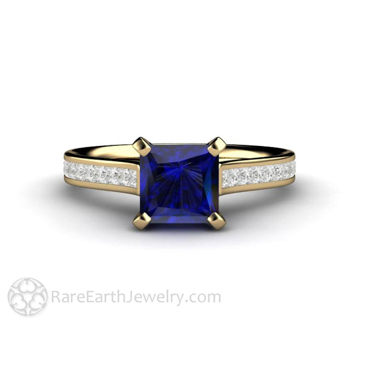 Princess Cut Blue Sapphire Engagement Ring Diamond Accented Solitaire, Rare Earth Jewelry