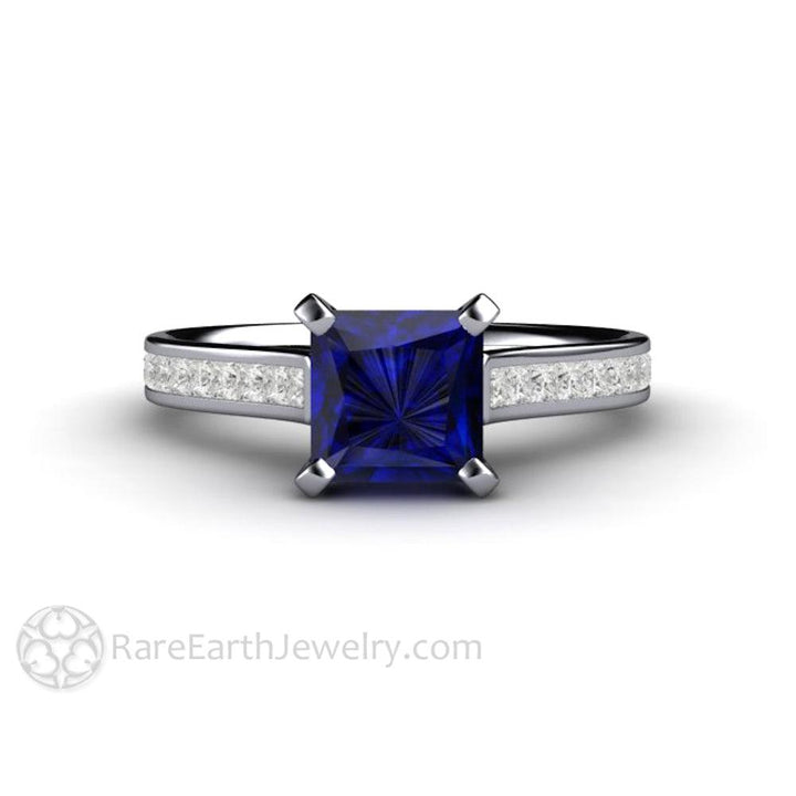 Princess Cut Blue Sapphire Engagement Ring Diamond Accented Solitaire, Rare Earth Jewelry