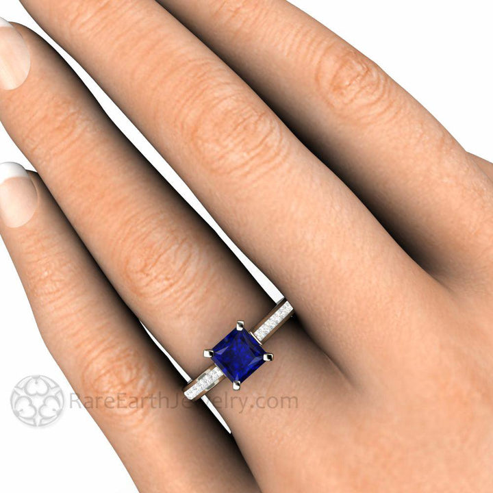 Princess Cut Blue Sapphire Engagement Ring Diamond Accented Solitaire, Rare Earth Jewelry