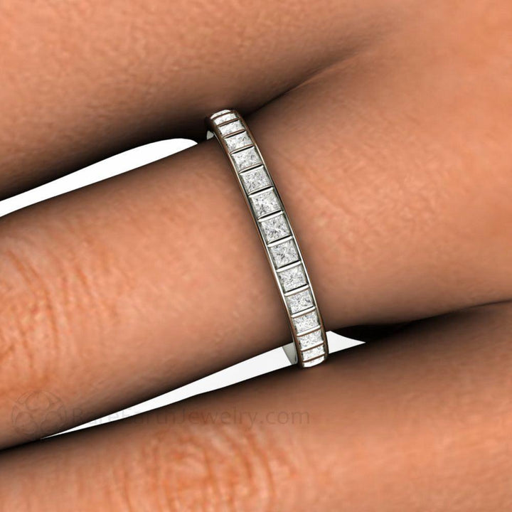 Princess Cut Diamond Band, Bar Set Modern Diamond Wedding Ring or Anniversary Band Closeup on Finger | Rare Earth Jewelry