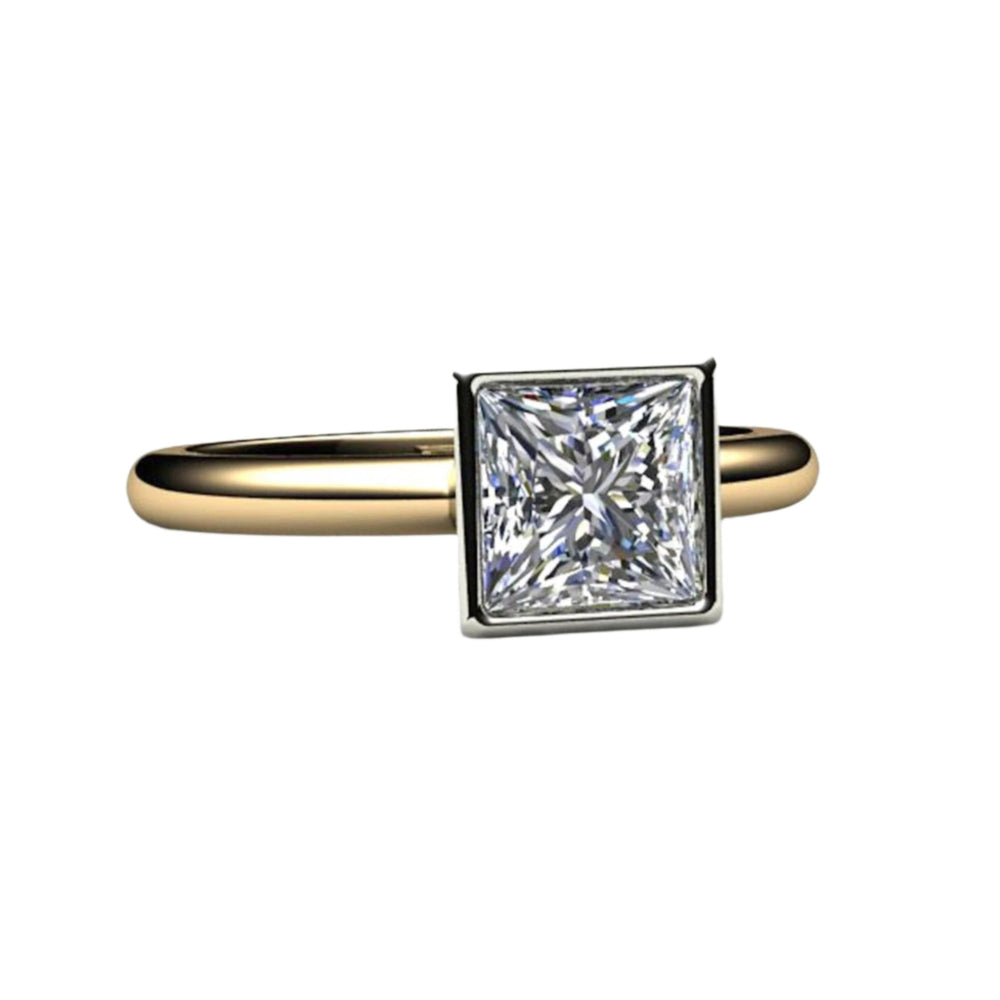 Princess Cut Moissanite Engagement Ring, Square Bezel Set Solitaire, Minimalist Modern Design in 14K or 18K Two-Tone Gold | Rare Earth Jewelry
