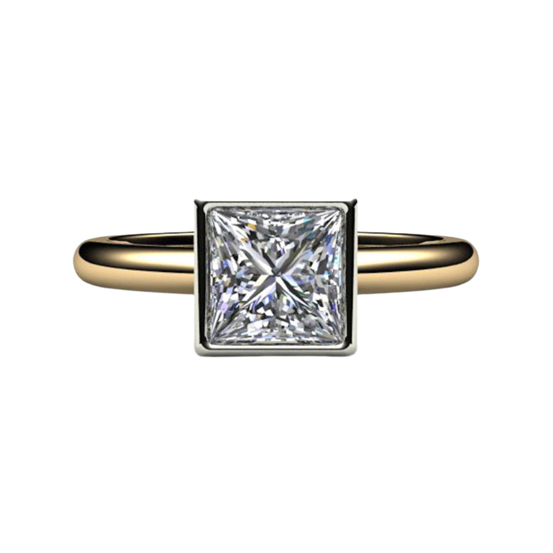 Princess Cut Moissanite Engagement Ring, Square Bezel Set Solitaire in 14K or 18K Two-Tone Gold | Rare Earth Jewelry