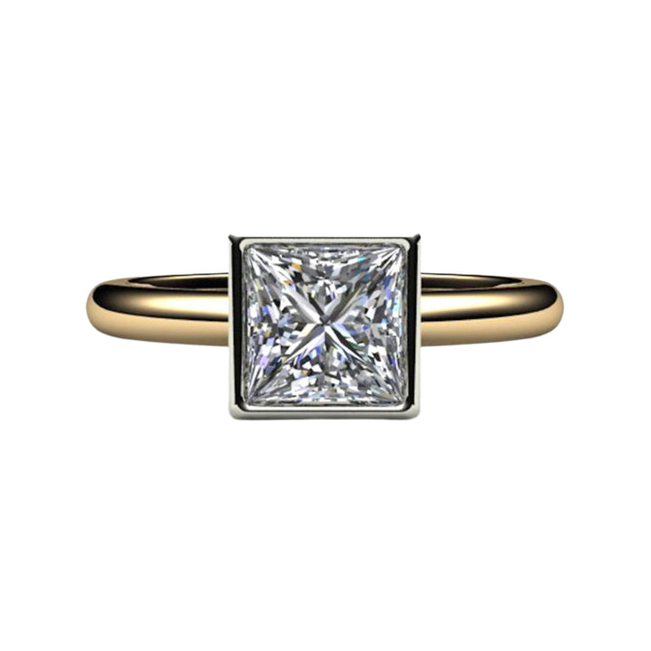 Princess Cut Moissanite Engagement Ring, Square Bezel Set Solitaire in 14K or 18K Two-Tone Gold | Rare Earth Jewelry
