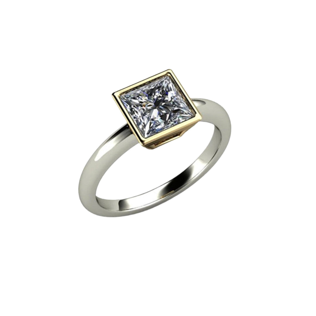 Princess Cut Moissanite Engagement Ring, Square Bezel Set Solitaire, Minimalist Modern Design in 14K or 18K Two-Tone Gold | Rare Earth Jewelry