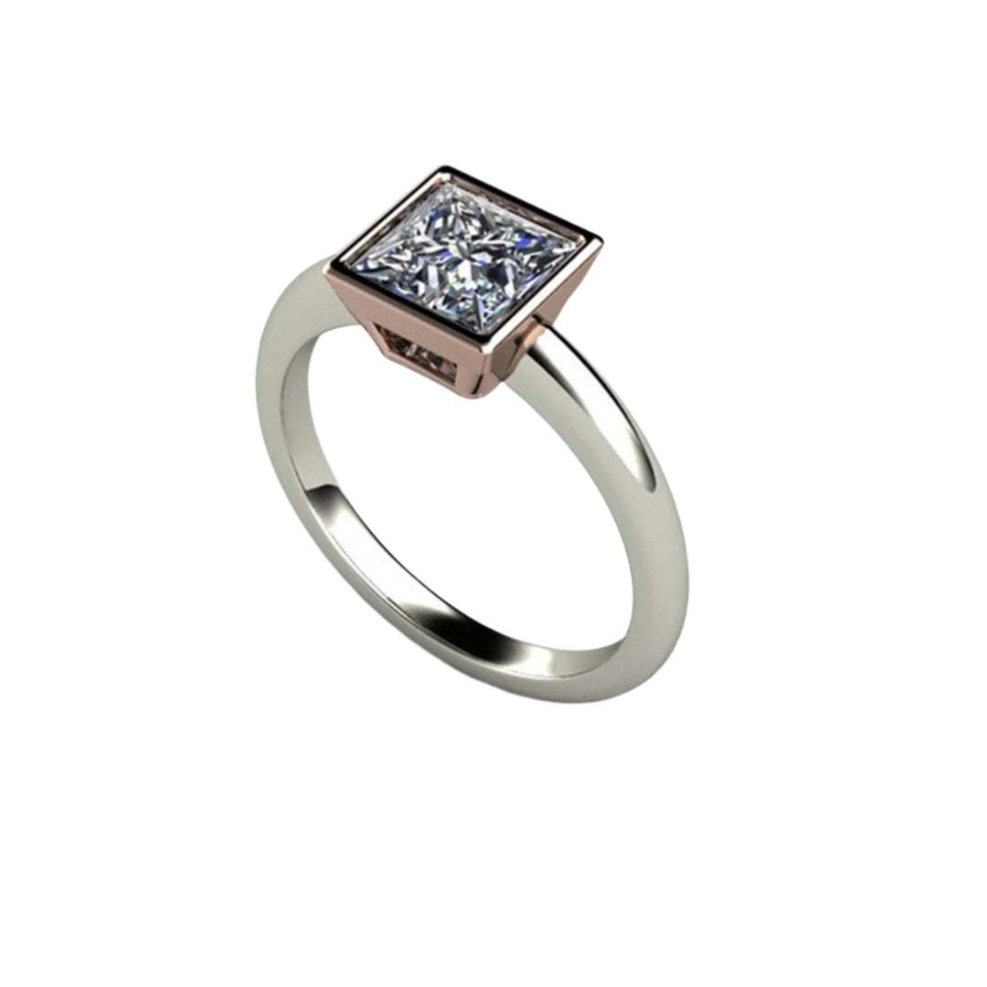 Princess Cut Moissanite Engagement Ring, Square Bezel Set Solitaire, Minimalist Modern Design in 14K or 18K Two-Tone Gold | Rare Earth Jewelry
