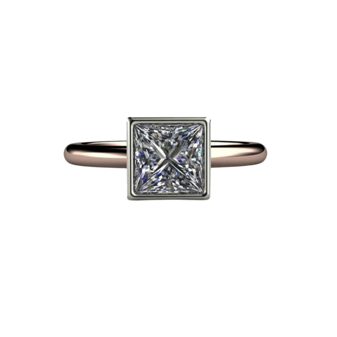 Princess Cut Moissanite Engagement Ring, Square Bezel Set Solitaire, Minimalist Modern Design in 14K or 18K Two-Tone Gold | Rare Earth Jewelry