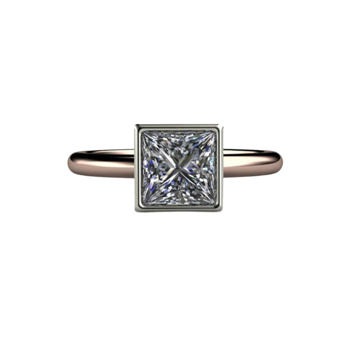 Princess Cut Moissanite Engagement Ring, Square Bezel Set Solitaire, Minimalist Modern Design in 14K or 18K Two-Tone Gold | Rare Earth Jewelry
