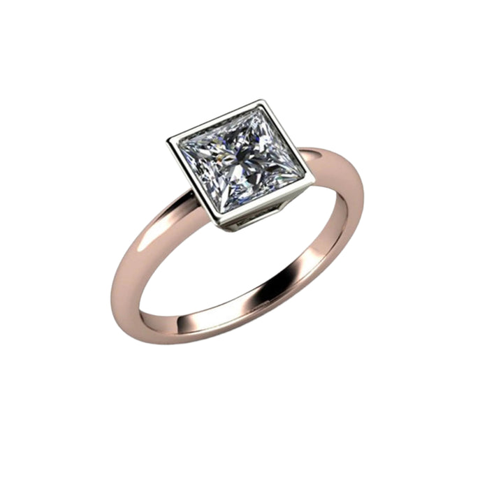 Princess Cut Moissanite Engagement Ring, Square Bezel Set Solitaire, Minimalist Modern Design in 14K or 18K Two-Tone Gold | Rare Earth Jewelry