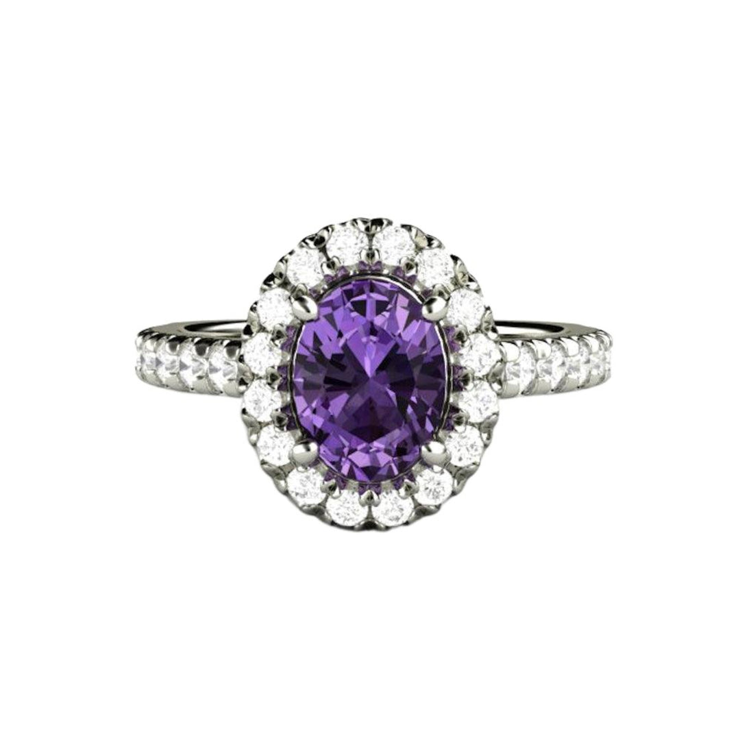 Purple Sapphire Engagement Ring Oval Halo with Pave Diamonds, Cathedral Setting Hidden Diamonds in Gold or Platinum | Rare Earth Jewelry