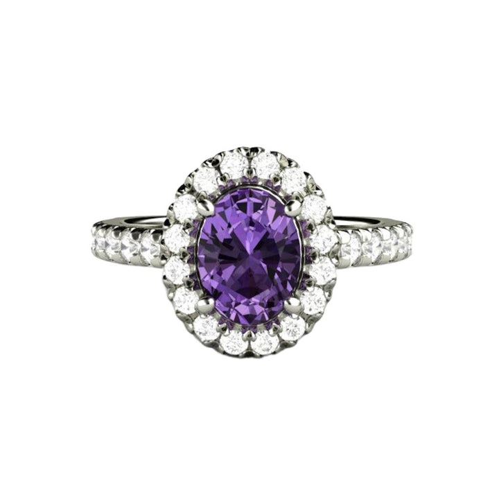 Purple Sapphire Engagement Ring Oval Halo with Pave Diamonds, Cathedral Setting Hidden Diamonds in Gold or Platinum | Rare Earth Jewelry