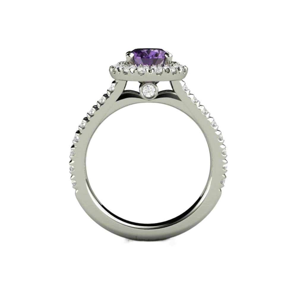 Purple Sapphire Engagement Ring Profile View, Oval Halo with Pave Diamonds Cathedral Setting, Hidden Diamonds, Gold and Platinum |Rare Earth Jewelry