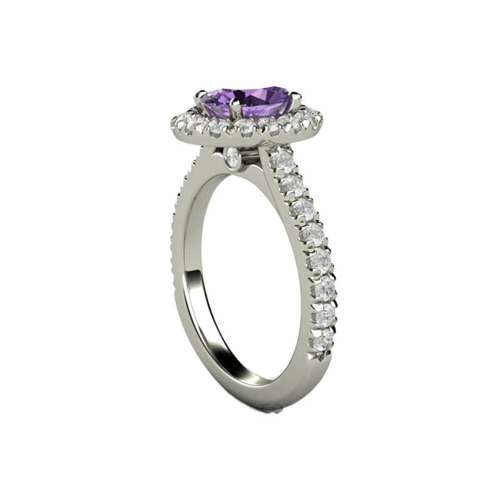 Purple Sapphire Engagement Ring Oval Halo with Pave Diamonds and Cathedral Setting in 14K or 18K Gold and Platinum | Rare Earth Jewelry